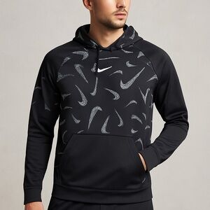 Nike Men's Black and Gray Patterned Hoodie